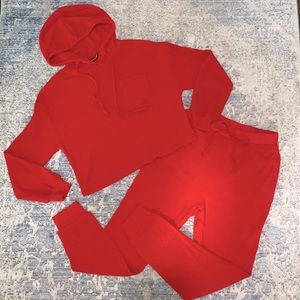 Red crop top with hood and jogger with pockets lounge set